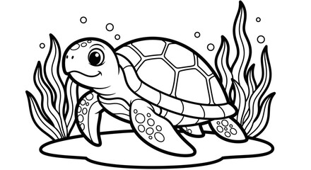 Cute cartoon sea turtle in underwater scene, ready for coloring.