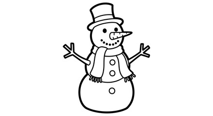 Happy Cartoon Snowman Wearing Hat and Scarf, Isolated White Background, Coloring Book Style