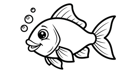 A smiling, cartoon fish swims with bubbles, rendered in black and white.