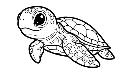 A detailed line drawing of a baby sea turtle, swimming with flippers extended.