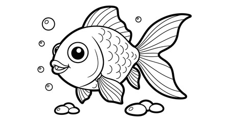Cartoon goldfish with bubbles and pebbles, outlined in black and white, smiling.