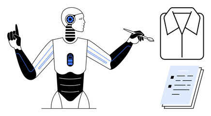 Humanoid robot holding pen creating shirt design and reviewing documents. Ideal for innovation, design, creativity, automated production, future technology, AI tools, intellectual processes. Simple