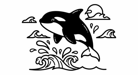 A playful orca leaps from the ocean waves, a stylized illustration.