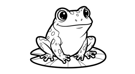 Cute Cartoon Frog Sitting on a Lily Pad, Isolated White Background, Coloring Book Style