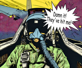 Comic style jet pilot under attack in fighter cockpit scene.