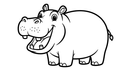 A cartoon hippopotamus with a wide smile, standing and looking forward in a black and white illustration.