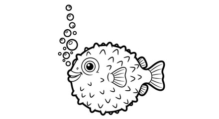 A cheerful pufferfish swims, releasing bubbles in the water.
