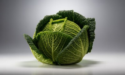 Fototapeta premium Close-up of a vibrant green savoy cabbage, showcasing its deeply veined leaves tightly enfolded
