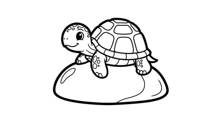 A cute cartoon turtle resting on a smooth, rounded rock, looking happy.