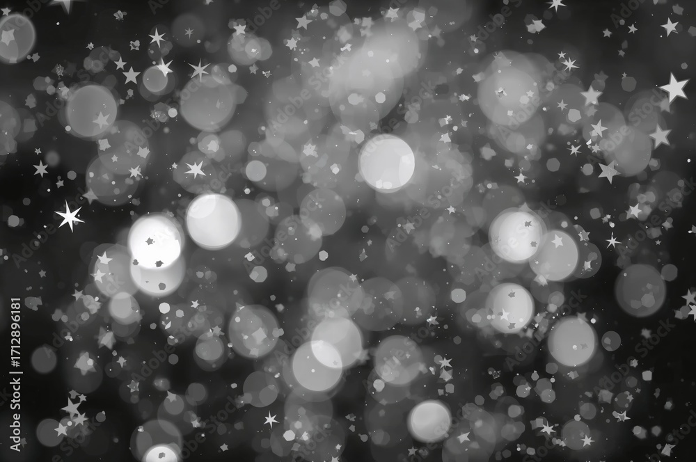 Wall mural soft white and gray bokeh lights creating a blurred background with sparkling stars for festive deco