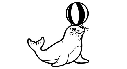 A black and white cartoon seal balancing a striped ball on its nose, suggesting a circus-style performance.