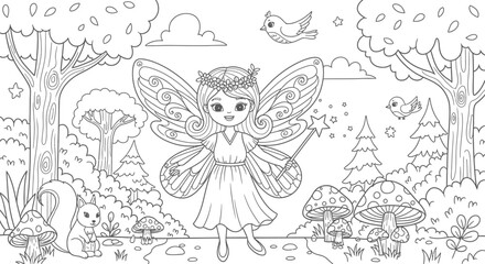 A whimsical fairy with large wings, surrounded by a forest scene, ready to be colored.