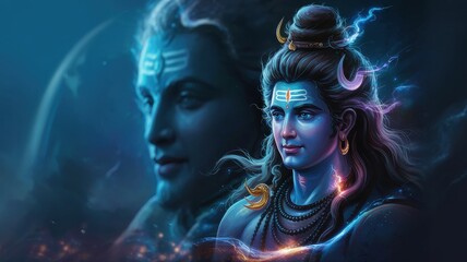 Images of Lord Shiva, his face radiates a powerful aura. The blurred background softly merges with the presence of Shiva, creating a sense of unearthly transition. A photo with a place for the text.