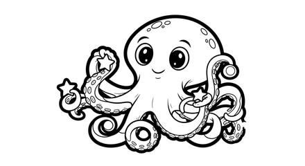 Cartoon octopus with big eyes and a smile, holding stars with its tentacles.