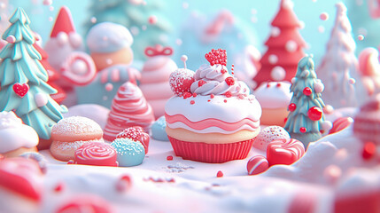Charming pastel wonderland of frosted cupcakes, candy trees, and sweet confections creating delightful holiday scene