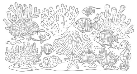 Intricate line drawing of diverse coral reef life, including fish and seahorse. © shankara