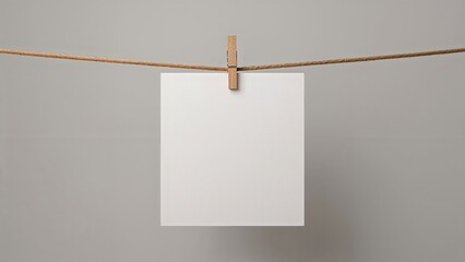 Wooden clothespin gripping blank paper on a hanging twine against a muted gray background. Text area included.