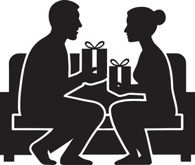 Couple exchanging gifts black silhouette holiday celebration illustration