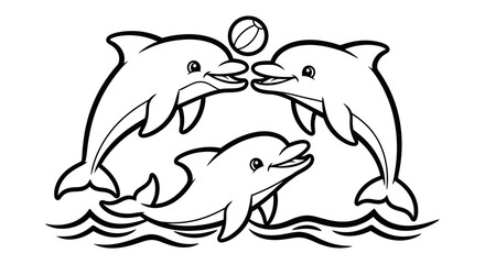 Three dolphins playing with a ball above water, in a black and white line drawing.