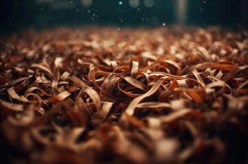 Close-up of elongated wooden shavings in brown hues