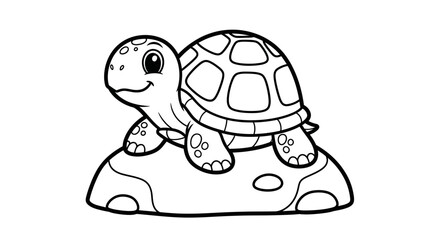 Cute Cartoon Turtle Sitting on a Rock with a Gentle Smile, Isolated White Background