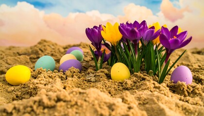 Colorful Easter eggs and crocus flowers in sand, pastel colors, idyllic spring scene