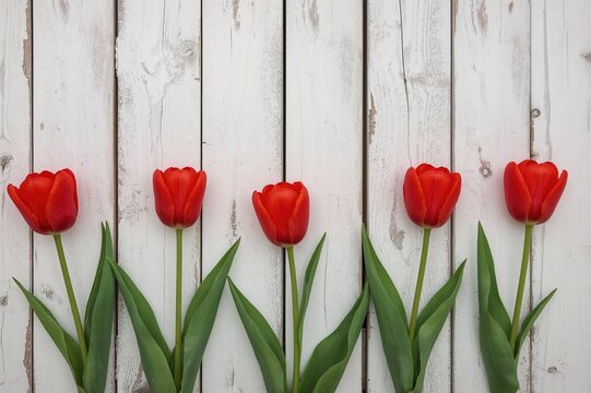 Bright scarlet tulips displayed on a weathered white wooden background