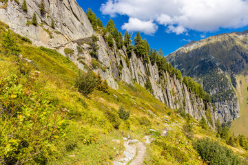 Chamonix Montblanc beautiful alpine mountain summits landscape. Alps mountains with snow and glacier above green valley of Chamonix in France. Alps beautiful scenery in summer