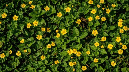 Yellow kenikir flowers bloom amidst lush greenery