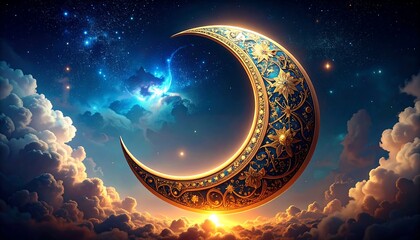 Ornate crescent moon in starry sky