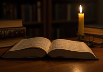 An open book rests on a wooden table, illuminated by a warm candlelight, amidst a dimly lit library setting.