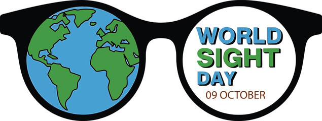 World Sight Day glasses with Earth and text on white background Keywords: world sight day, october 9, glasses, spectacles, vision, eyesight, eye care