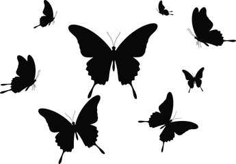 Butterfly silhouettes, insect illustration, flying butterfly design, nature vector, decorative artwork, wildlife clipart, printable graphic, digital art, exotic species, ornamental element