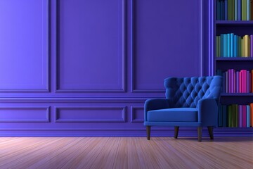 Cozy blue armchair in a vibrant purple room with colorful bookshelves and wooden flooring