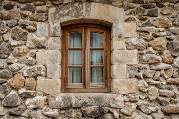Rustic wooden window installed in a vintage stone facade
