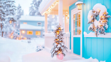 Idyllic winter scene showcasing welcoming light blue house and porch, beautifully decorated with snow, glowing lights, and festive Christmas wreath.