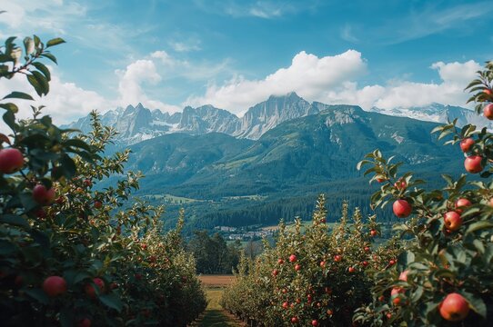 Scenic mountain vista surrounded by orchards of apple trees