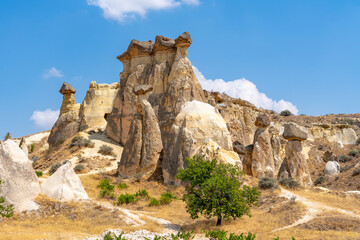 Volcanic rock formations landscape in Cappadocia, place of residence of ancient Christians