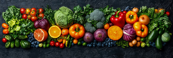 Vibrant and Bountiful Assortment of Fresh Organic Fruits and Vegetables Artfully Arranged on Textured Dark Background