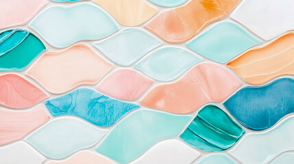 Abstract decorative background showcasing intricate pattern of shimmering, fluid-form ceramic tiles in cheerful array of soft pastel and vibrant oceanic hues, creating serene and artistic surface.