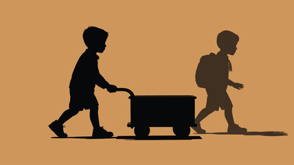 Silhouette of children walking, one pulling a wagon, heading to school with backpack, back to school