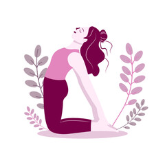 Beautiful Woman in Camel Yoga Pose with Pastel Plants. Wellness, Flexibility, Mindfulness Illustration on Light Background
