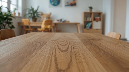 Product display setup on a wooden base with an out-of-focus classroom scene