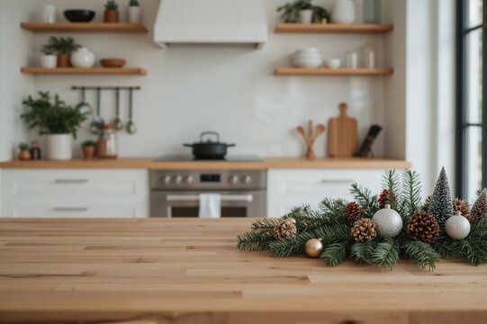 Christmas decorations on a wooden table in a contemporary kitchen setting. Home comfort vibes.