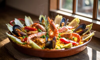 Colorful paella dish with seafood and vegetables