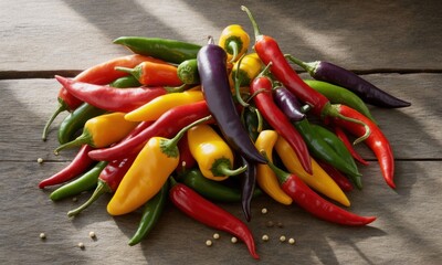 Colorful pile of chili peppers on a wooden surface