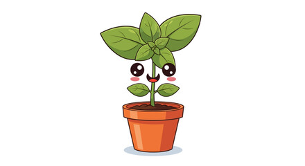 Fototapeta premium A cheerful cartoon basil plant smiles from its terracotta pot.