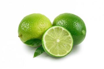 Complete and halved lime with a fresh green slice on a white backdrop. Authentic tropical fruit for beverages and products.