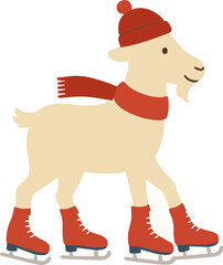 cartoon goat wearing a red hat, scarf, and ice skates, happily skating on the ice.
