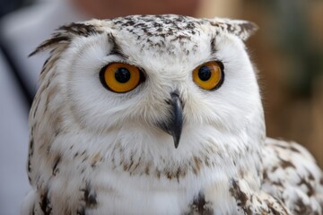 Obraz premium A beautiful white owl with striking orange eyes. The bird looks alert and poised, surrounded by a blurred natural background. It is a clear day
